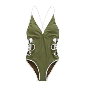 AERIE olive green side cutout strappy high cut low‎ back one piece swimsuit XL